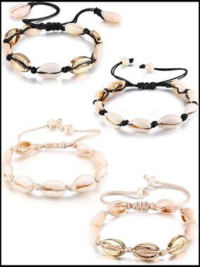 4 Cowrie Shell Ankle Bracelets Beach Boho Anklet Set Adjustable Slipknot